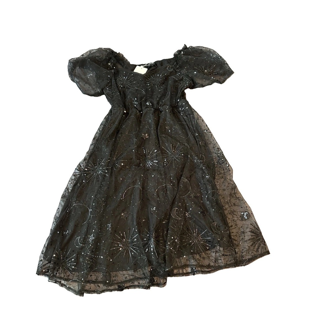 Witchy Celestial Bloomchic NWT Black Sequin Tulle Midi Womens Dress 12 Fairy